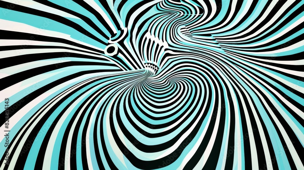 Displays a swirling, hypnotic pattern with alternating light blue and white stripes that create a sense of movement and depth Displays a swirling, hypnotic pattern with alternating light blue and white stripes that create a sense of movement and depth