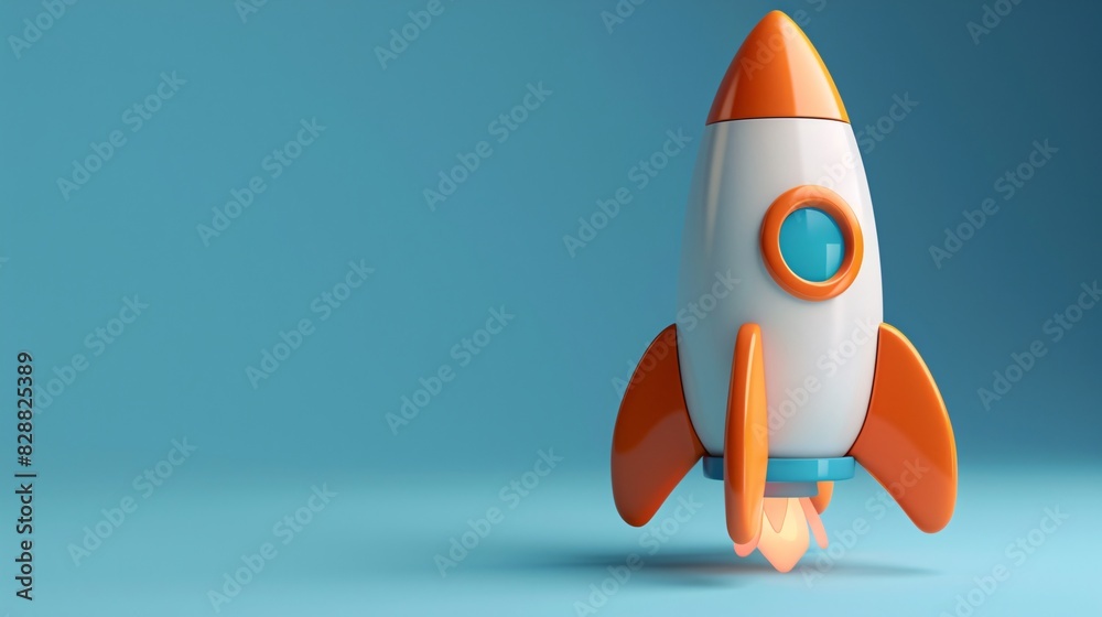 Stylized toy rocket on a blue background, representing exploration, innovation, and childhood imagination in a minimalist design. Stylized toy rocket on a blue background, representing exploration, innovation, and childhood imagination in a minimalist design.