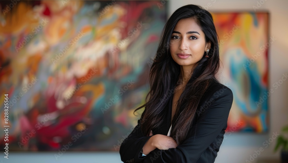 Indian business woman in her late thirties, with long dark hair and fair skin tone wearing a black suit young woman stands confidently with her arms crossed and a beaming smile on her face. Indian business woman in her late thirties, with long dark hair and fair skin tone wearing a black suit young woman stands confidently with her arms crossed and a beaming smile on her face.