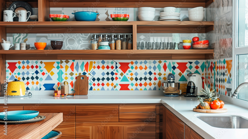 Bright Kitchen with Colorful Geometric Backsplash