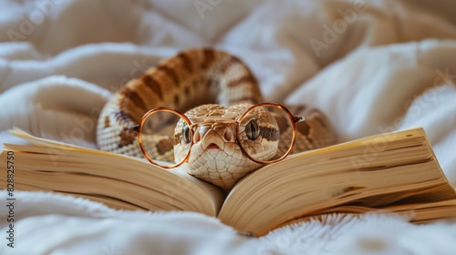 Cute snake with glasses reading a book. photo
