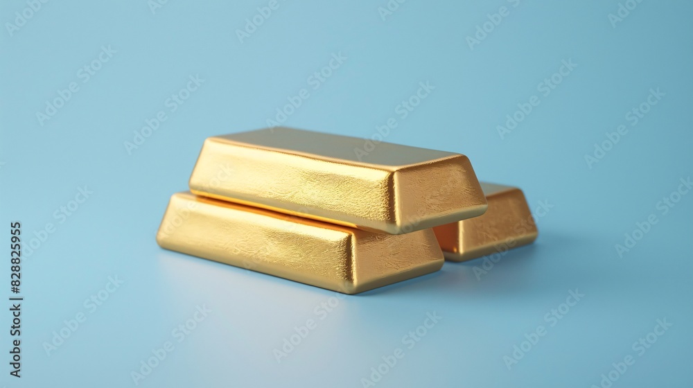 Three gold bars stacked in a minimalistic manner on a light blue background, representing wealth, investment, and financial security. Three gold bars stacked in a minimalistic manner on a light blue background, representing wealth, investment, and financial security.