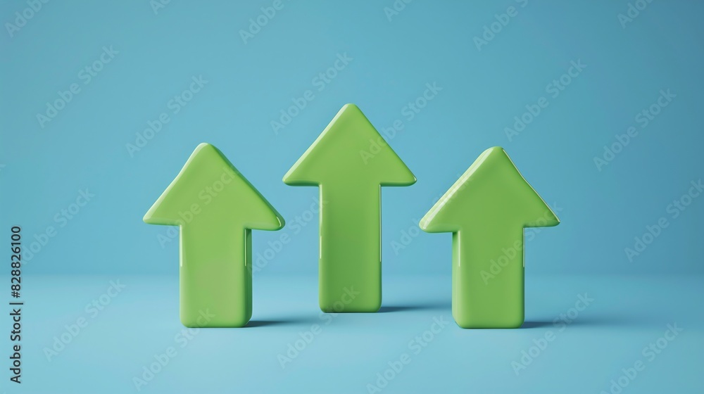 Three green arrows pointing upward on a blue background symbolizing growth, progress, and upward trends. Three green arrows pointing upward on a blue background symbolizing growth, progress, and upward trends.