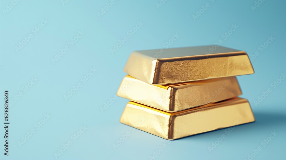 Three stacked gold bars against a blue background, symbolizing wealth, investment, and financial stability. Three stacked gold bars against a blue background, symbolizing wealth, investment, and financial stability.