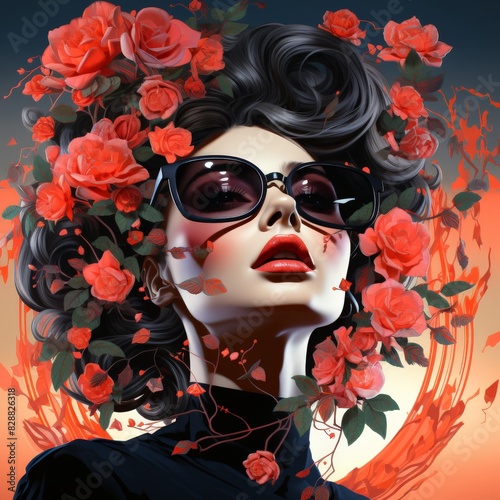 Mysterious Woman Portrait with Roses and Sunglasses