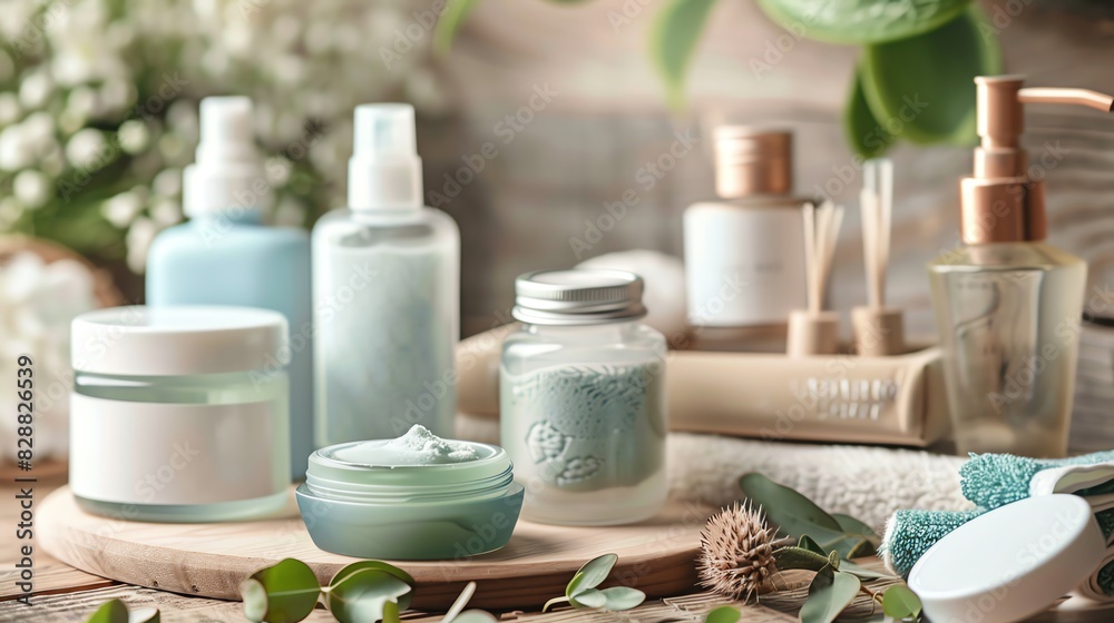 A display of skincare products, including a cleanser, toner, and moisturizer A display of skincare products, including a cleanser, toner, and moisturizer