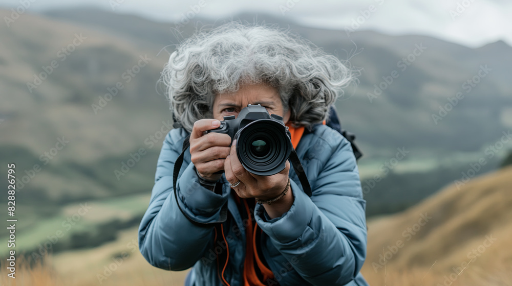 A focused woman with curly gray hair takes photographs in an outdoor setting, showcasing her dedication to capturing the beauty of the landscape A focused woman with curly gray hair takes photographs in an outdoor setting, showcasing her dedication to capturing the beauty of the landscape