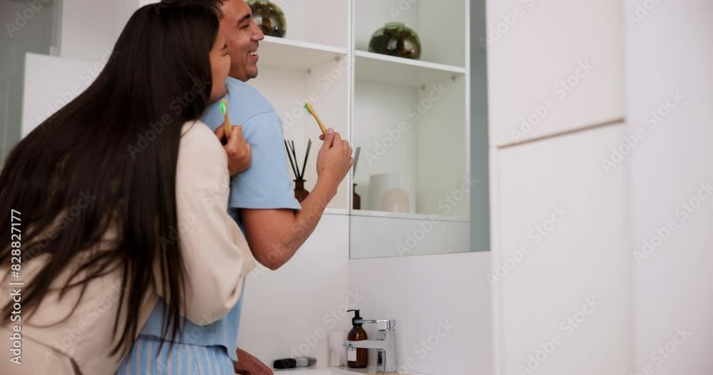 Man, woman and brushing teeth with hug at mirror in bathroom for hygiene, dental care or toothbrush. Happy couple, embrace and home connection for mouth cleaning or gums for morning, routine or oral Man, woman and brushing teeth with hug at mirror in bathroom for hygiene, dental care or toothbrush. Happy couple, embrace and home connection for mouth cleaning or gums for morning, routine or oral