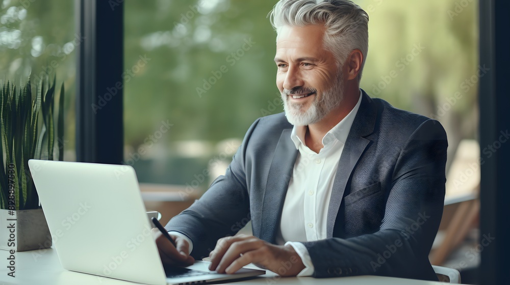 A smiling businessman sitting at an office desk with laptop. Generative AI. A smiling businessman sitting at an office desk with laptop. Generative AI.