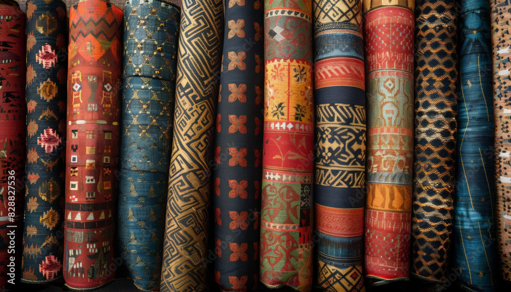 Textile patterns from around the world laid out to display their intricate designs and cultural significance Textile patterns from around the world laid out to display their intricate designs and cultural significance