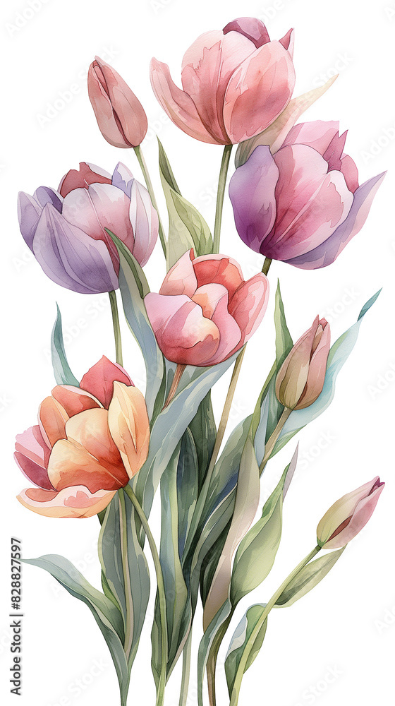 Romantic Bouquet of Tulips with watercolor style, Ideal for Weddings or Valentine's Day and Great for Card or Poster Designs Romantic Bouquet of Tulips with watercolor style, Ideal for Weddings or Valentine's Day and Great for Card or Poster Designs