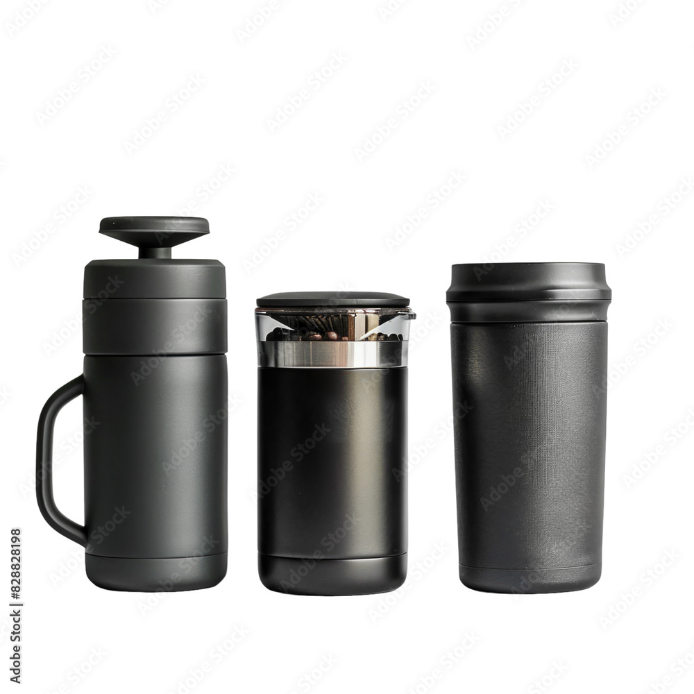 Luxury travel coffee set, includes portable grinder, French press, and travel mug, high-end design Luxury travel coffee set, includes portable grinder, French press, and travel mug, high-end design