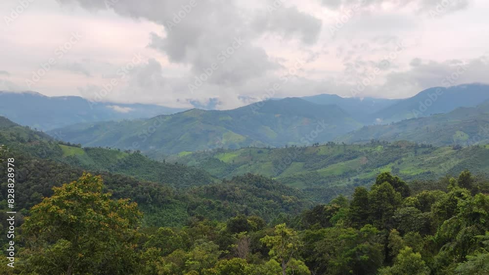 Green Nature Landscape Green Mountain Valley with Misty Fog at Doi Sakad Pua Nan Thailand in Rainy Season - abstract background Green Nature Landscape Green Mountain Valley with Misty Fog at Doi Sakad Pua Nan Thailand in Rainy Season - abstract background