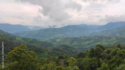 Green Nature Landscape Green Mountain Valley with Misty Fog at Doi Sakad Pua  Nan Thailand in Rainy Season - abstract background  photo