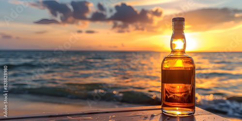 Bottle of whisky on a table with beach sea and sunset in background
