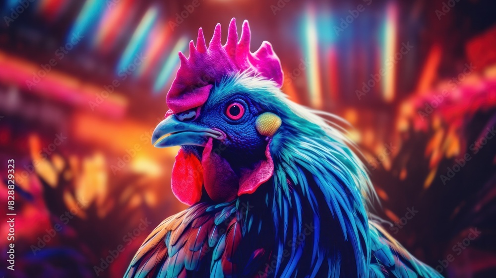 Rooster with colorful neon retrowave background.