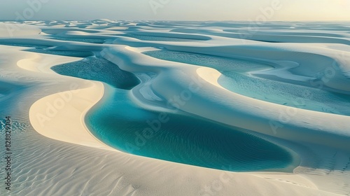 Lencois Maranhenses National Park. A dazzling landscape of dunes and rain lakes. Natural rainwater pool in white sand desert. Nature and travel concept. photo