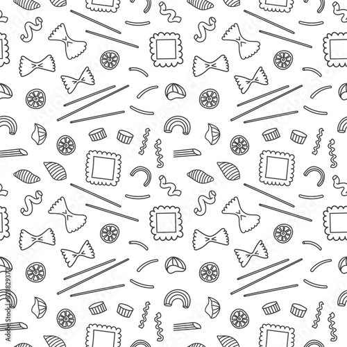 Noodles of different kind Pasta in seamless pattern hand drawn vector illustration. Repeating background with wheat flour products. Macaroni, lasagne, rigatoni, Italian food. For paper, print, label