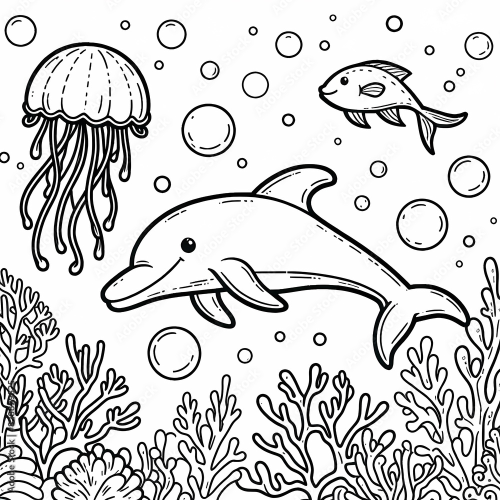 Dolphin and Jellyfish in Underwater Scene - Kids' Coloring Book Page ...