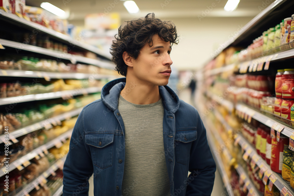 Young Man Contemplating Choices in Grocery Aisle