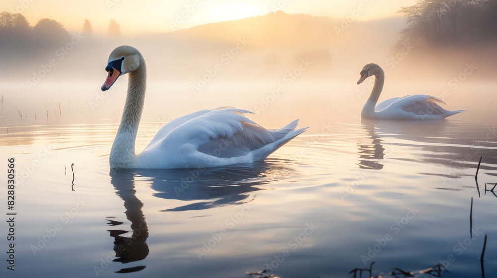 Fototapeta premium Elegant swans swimming in a serene lake at dawn, misty morning light, peaceful and graceful, isolated on a natural background, plenty of copy space for text or logo placement