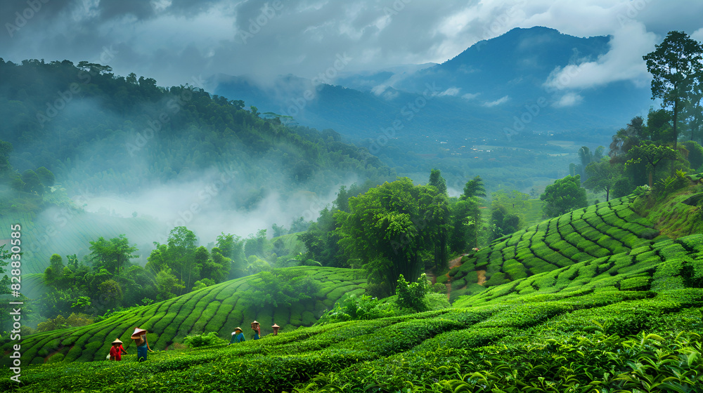 Fototapeta premium Many workers pick tea leaves in the tea plantation. Morning atmosphere,