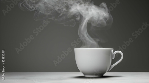 Steaming hot beverage in a white cup against a gray background, showcasing the elegance of simplicity. The rising steam adds a sense of warmth and coziness to the minimalist scene