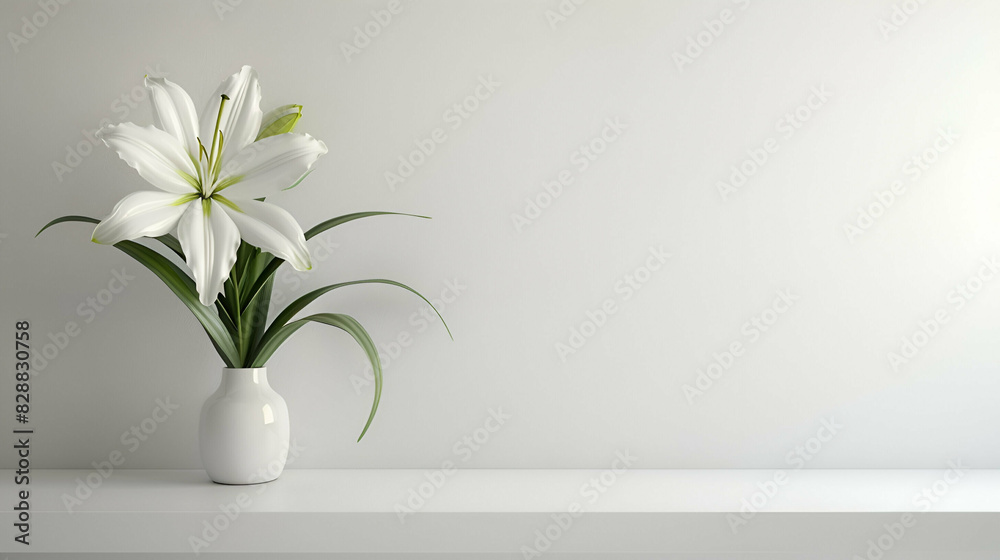 An elegant white lily in a minimalistic white vase, set against a plain background. The simplicity and beauty of the flower add a touch of sophistication and tranquility to any space An elegant white lily in a minimalistic white vase, set against a plain background. The simplicity and beauty of the flower add a touch of sophistication and tranquility to any space
