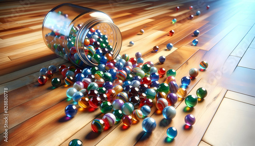 Spilled Jar of Colorful Marbles on Wooden Floor, A glass jar tipped over, spilling an array of colorful marbles onto a polished wooden floor. The vibrant marbles reflect light