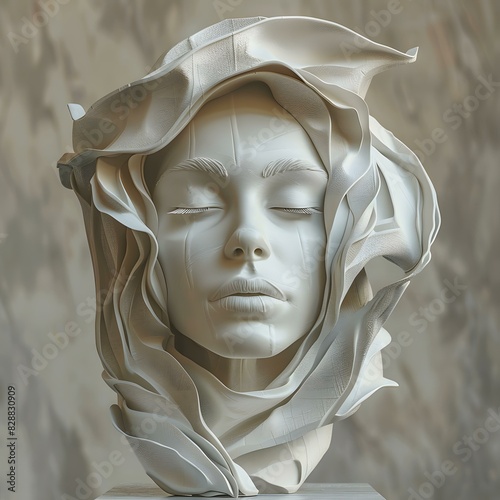 A 3D rendering of a womans face with leaves wrapped around it.