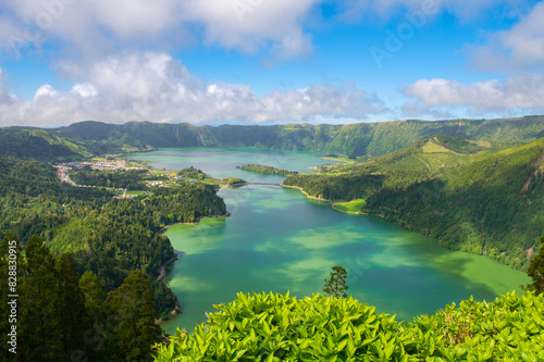 Miradouro da Vista do Rei. View of Lagoa Verde and Lagoa Azul on Sao Miguel island, Azores, Portugal. Turquoise lakes. Seven Cities Lake 