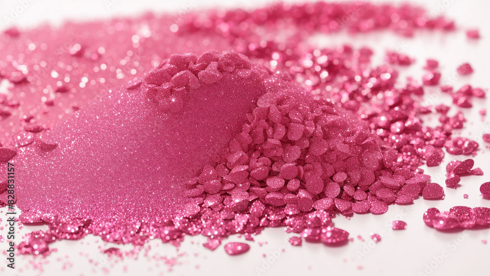 bright pink crystals on a white surface  with a blurred background.