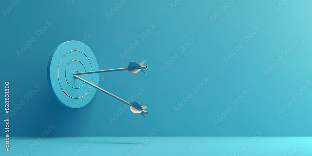 Two arrows striking the bullseye of a target mounted on a blue wall, signifying dual success and teamwork. Perfect for reinforcing concepts of partnership and precision. Two arrows striking the bullseye of a target mounted on a blue wall, signifying dual success and teamwork. Perfect for reinforcing concepts of partnership and precision.