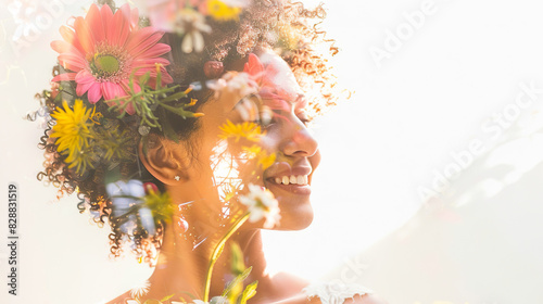 double exposure of young woman and summer flowers, white background