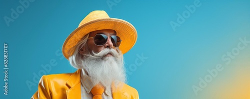 An old man with sunglasses and a hat drinking orange juice on a pastel background