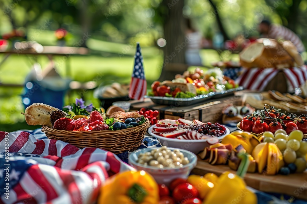 A festive picnic setup with American flags for the Fourth of July celebration outdoors.