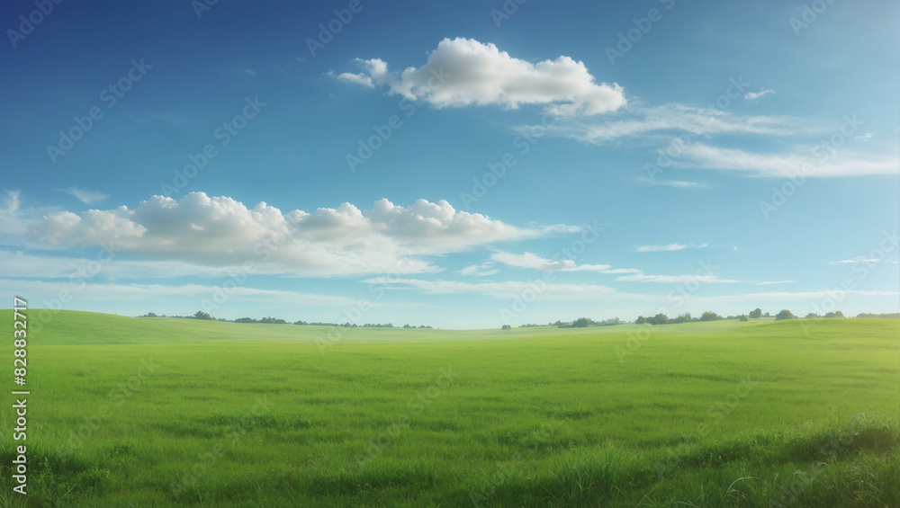  green grassy field on a clear day with white clouds in the blue sky.