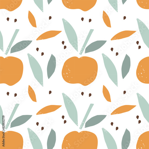 Seamless Apple pattern. Abstract repeating background in Printmaking style. Natural background in pastel color with raster texture effect. Hand-drawn print for wallpaper, textile, wrapping, packaging.
