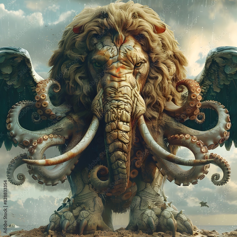Fototapeta premium Majestic Mammoth like Creature Soaring Through Celestial Skies
