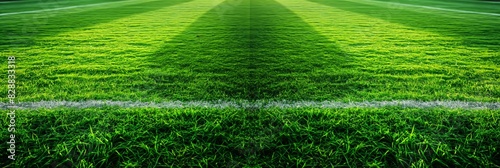 Vibrant green soccer turf marked with white lines, casting contrasting shadows across the field photo