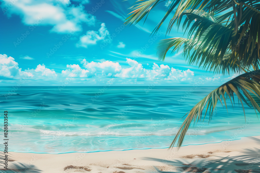 Obraz premium Vibrant photo of a beach, turquose ocean, sky and palm, summer tropical vibe
