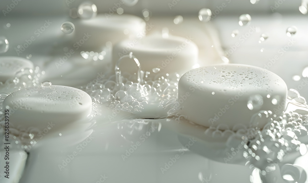 A round piece of white soap on a white background with soap foam, in the bathroom. Natural, with your own hands. Foaming baby soap without additives or parabens A round piece of white soap on a white background with soap foam, in the bathroom. Natural, with your own hands. Foaming baby soap without additives or parabens