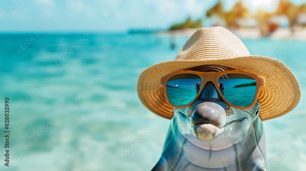 Relaxing dolphin with sun hat and sunglasses on beach.