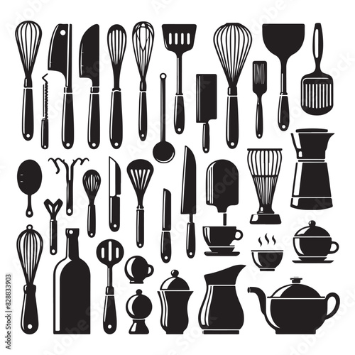 Silhouette set of kitchen tools. Vector isolated illustration