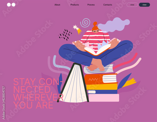 Life Unframed: Book universe -modern flat vector concept illustration of a reader on stack of books. Metaphor of unpredictability, imagination, whimsy, cycle of existence, play, growth and discovery
