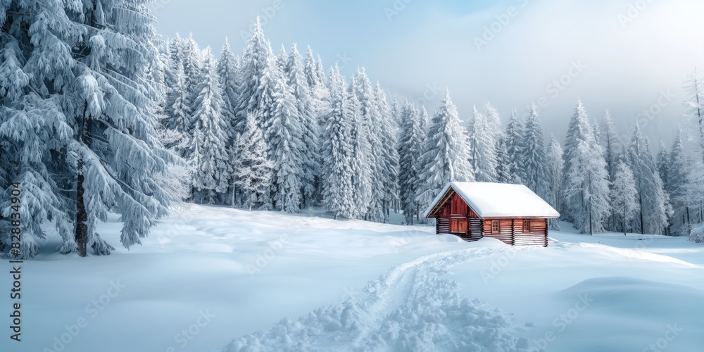 A cozy wooden cabin buried in snow sits in a tranquil winter forest with tall snow-laden pine trees and a clear pathway leading to it