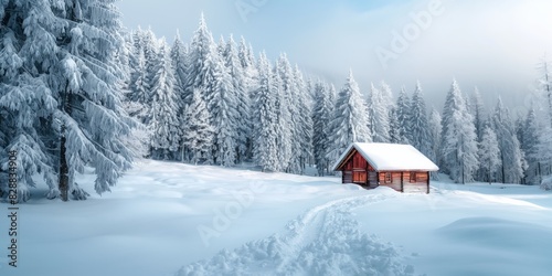 A cozy wooden cabin buried in snow sits in a tranquil winter forest with tall snow-laden pine trees and a clear pathway leading to it © gunzexx png and bg