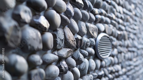 Close up of a modern pebble dashed wall with an oval shaped plastic air vent