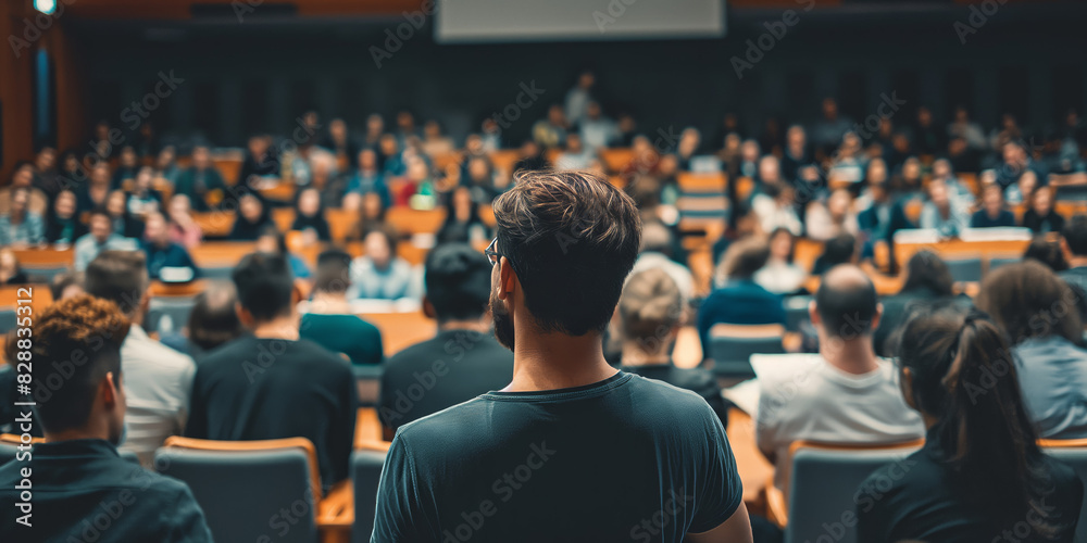The image shows a lecturer speaking to a packed lecture hall full of attentive audience members, highlighting the importance of education, knowledge sharing, and public speaking. The image shows a lecturer speaking to a packed lecture hall full of attentive audience members, highlighting the importance of education, knowledge sharing, and public speaking.