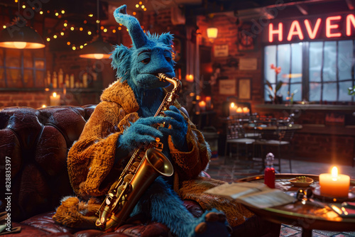 An anthropomorphic blue fictional animalplaying a saxophone in a cozy jazz club,  dressed in a stylish yellow coat, evoking a whimsical and surreal atmosphere. he background features warm lighting. photo